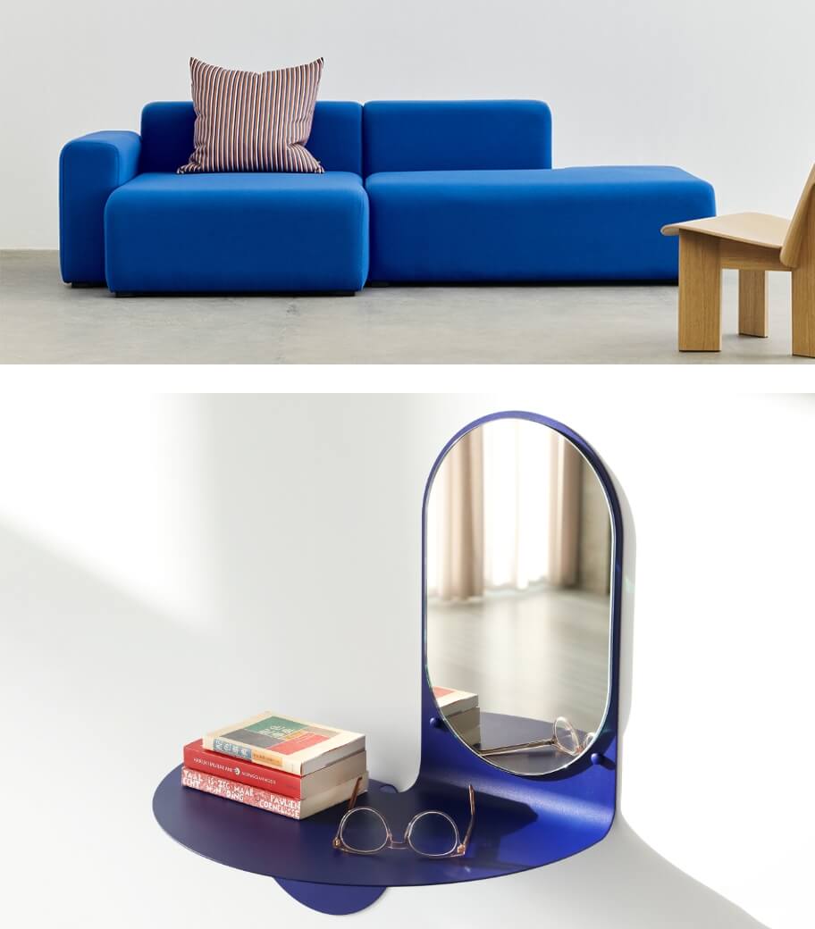 Royal blue sofa and mirror