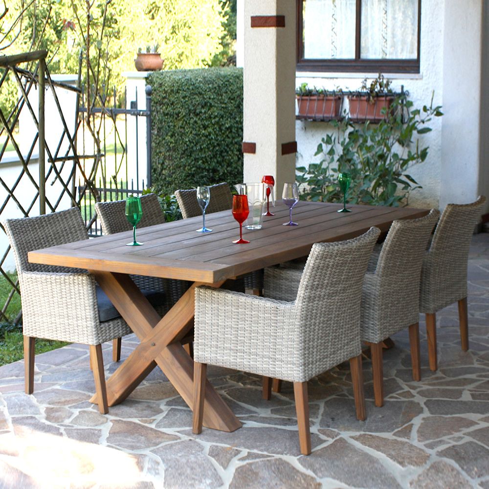 E91: Mesa en madera de teca, con tapa rectangular de 220x100 cms